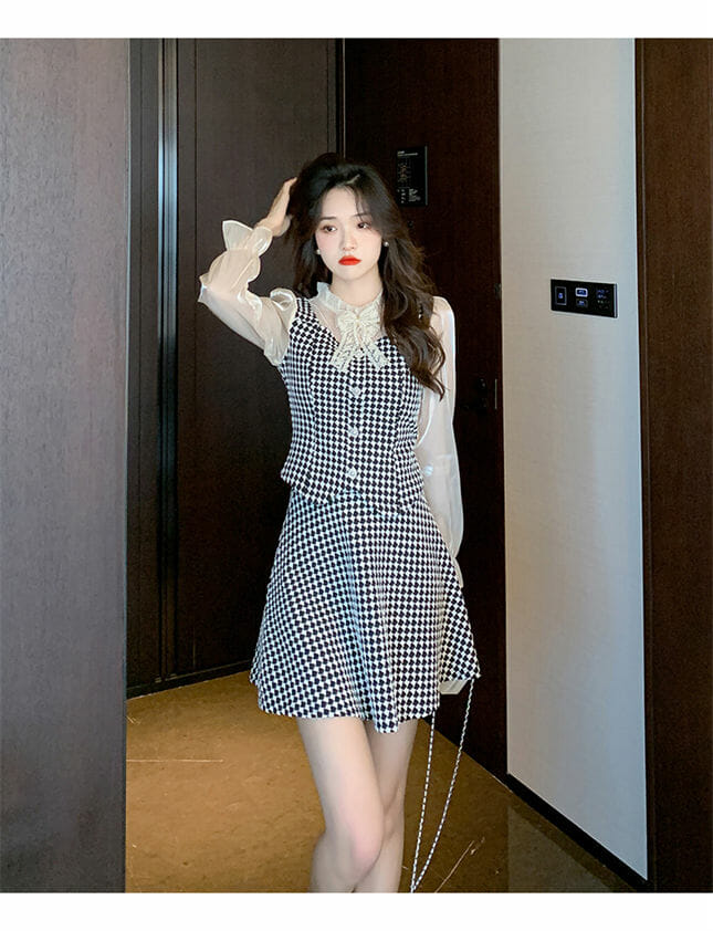 Pretty Fashion Bowknot Puff Sleeve Tops With Plaids Skirt2 Pretty Fashion Bowknot Puff Sleeve Tops with Plaids Skirt 4