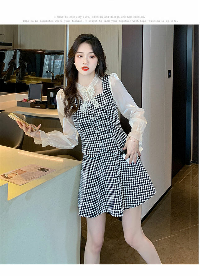 Pretty Fashion Bowknot Puff Sleeve Tops With Plaids Skirt3 Pretty Fashion Bowknot Puff Sleeve Tops with Plaids Skirt 3