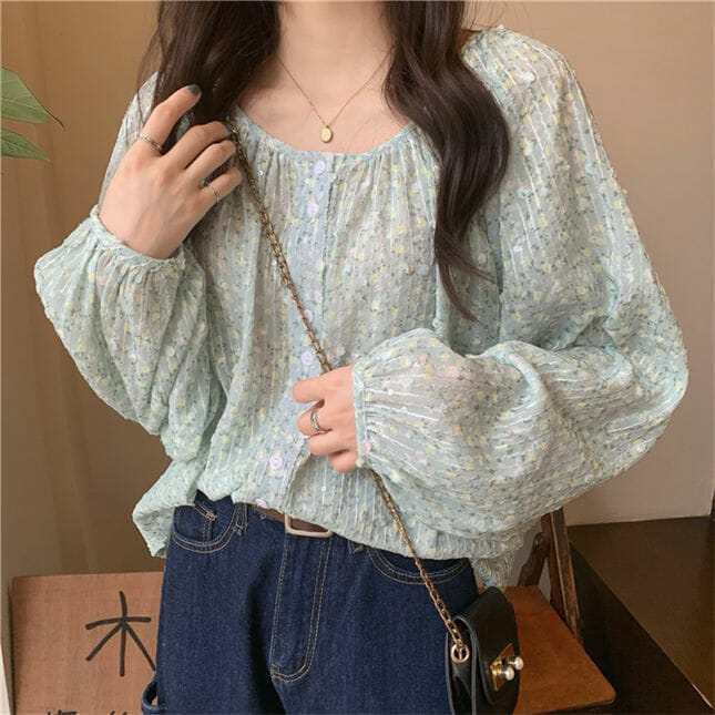 Pretty Fashion Round Neck Flowers Puff Sleeve Chiffon Blouse Pretty Fashion Round Neck Flowers Puff Sleeve Chiffon Blouse 5