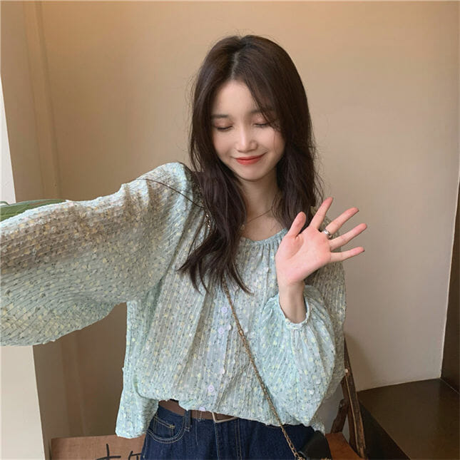 Pretty Fashion Round Neck Flowers Puff Sleeve Chiffon Blouse3 Pretty Fashion Round Neck Flowers Puff Sleeve Chiffon Blouse 3