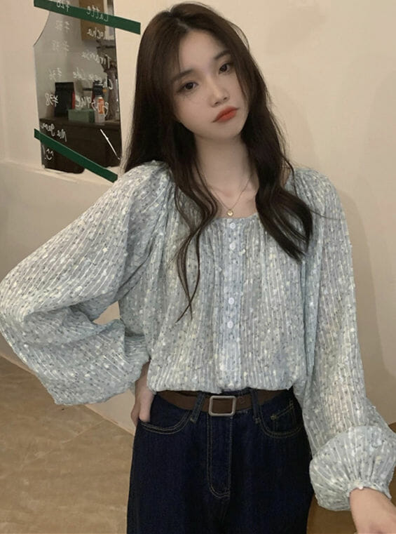 Pretty Fashion Round Neck Flowers Puff Sleeve Chiffon Blouse5 Pretty Fashion Round Neck Flowers Puff Sleeve Chiffon Blouse 1