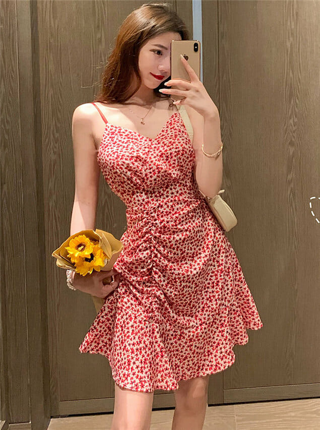 Pretty Girlish Mini Flowers Pleated Flouncing Straps Dress5 Pretty Girlish Mini Flowers Pleated Flouncing Straps Dress 1