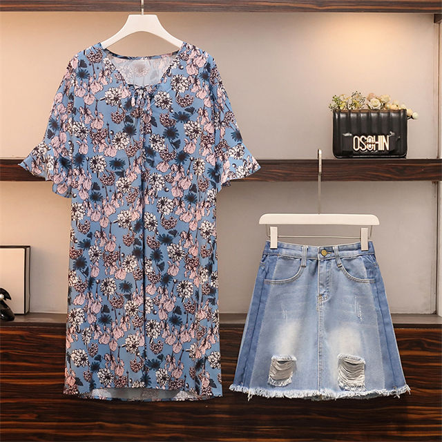 Pretty Korea V-Neck Flare Sleeve Flowers Dress With Denim Skirt3 Pretty Korea V-neck Flare Sleeve Flowers Dress with Denim Skirt 3