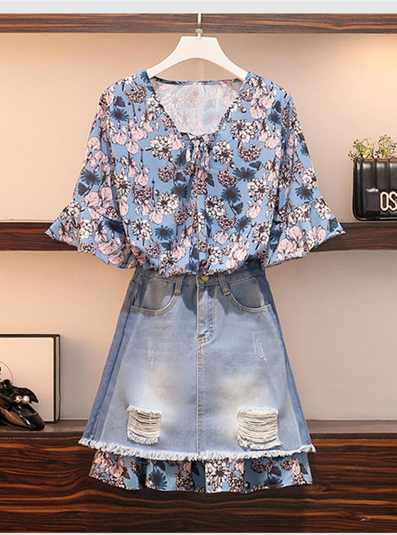 Pretty Korea V-Neck Flare Sleeve Flowers Dress With Denim Skirt5 Pretty Korea V-neck Flare Sleeve Flowers Dress with Denim Skirt 1