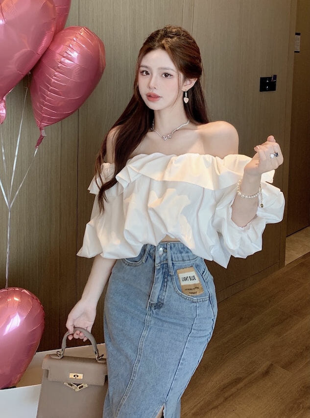 Pretty Lady 2 Colors Boat Neck Puff Sleeve Loosen Short Blouse Pretty Lady 2 Colors Boat Neck Puff Sleeve Loosen Short Blouse 6