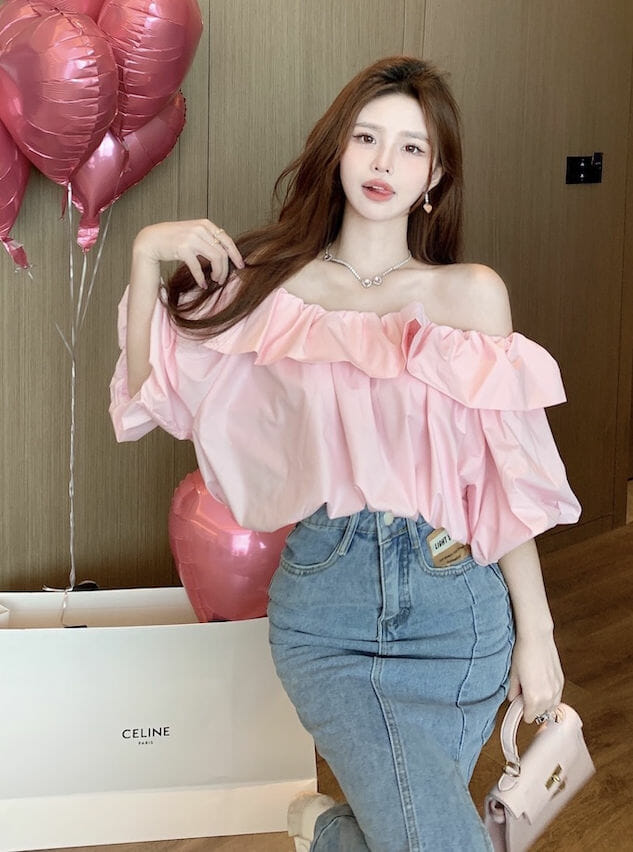 Pretty Lady 2 Colors Boat Neck Puff Sleeve Loosen Short Blouse5 Pretty Lady 2 Colors Boat Neck Puff Sleeve Loosen Short Blouse 2