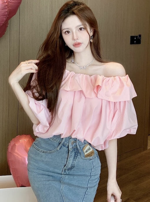 Pretty Lady 2 Colors Boat Neck Puff Sleeve Loosen Short Blouse6 Pretty Lady 2 Colors Boat Neck Puff Sleeve Loosen Short Blouse 1
