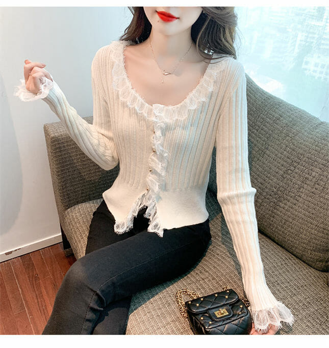 Pretty Lady 3 Colors Lace Flouncing Splice Knit T-Shirts Pretty Lady 3 Colors Lace Flouncing Splice Knit T-shirts 6