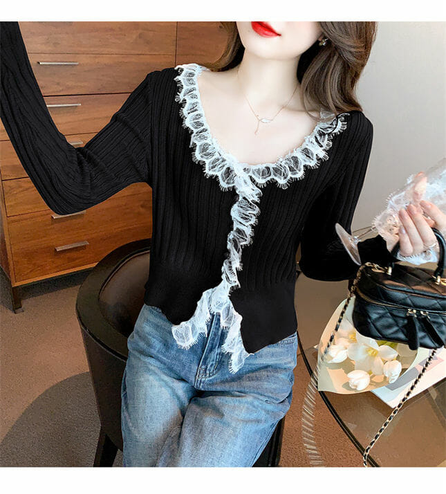Pretty Lady 3 Colors Lace Flouncing Splice Knit T-Shirts3 Pretty Lady 3 Colors Lace Flouncing Splice Knit T-shirts 4