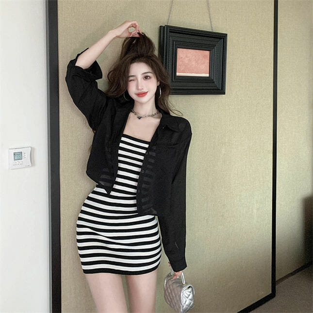 Pretty Ol Chiffon Blouse With Stripes Strapless Skinny Dress3 Pretty OL Chiffon Blouse with Stripes Strapless Skinny Dress 3