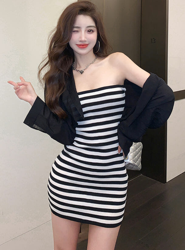 Pretty Ol Chiffon Blouse With Stripes Strapless Skinny Dress5 Pretty OL Chiffon Blouse with Stripes Strapless Skinny Dress 1