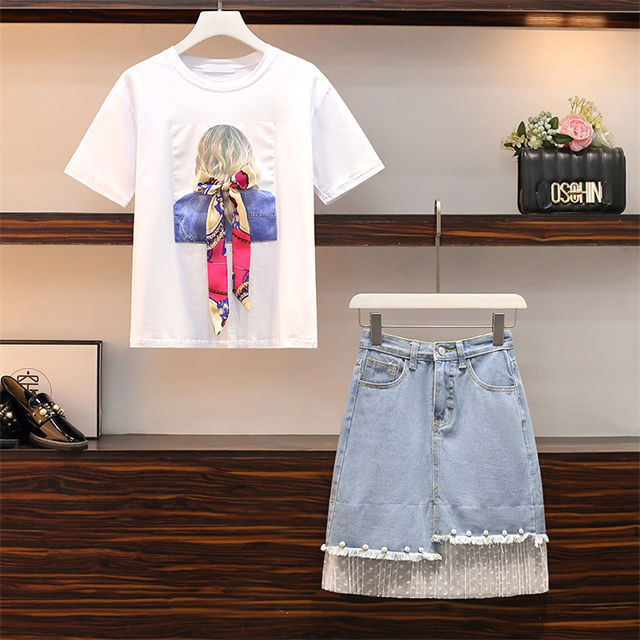 Pretty Plus Bowknot Girl T-Shirt With Beads Denim Skirt2 Modern Lady Printings V-neck Blouse with Plus Size Long Pants 3