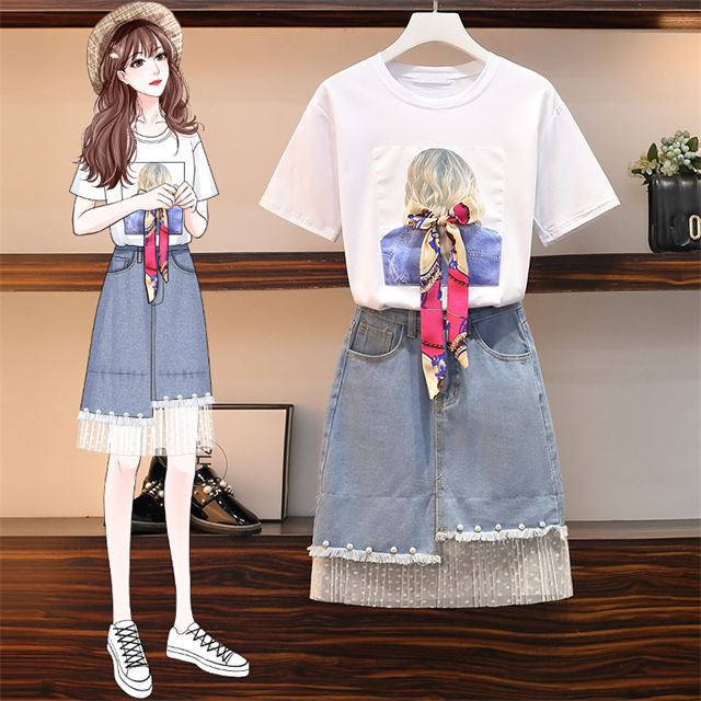 Pretty Plus Bowknot Girl T-Shirt With Beads Denim Skirt3 Modern Lady Printings V-neck Blouse with Plus Size Long Pants 2