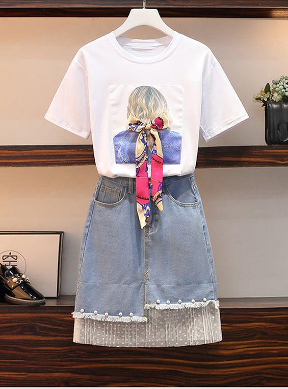 Pretty Plus Bowknot Girl T-Shirt With Beads Denim Skirt4 Modern Lady Printings V-neck Blouse with Plus Size Long Pants 1