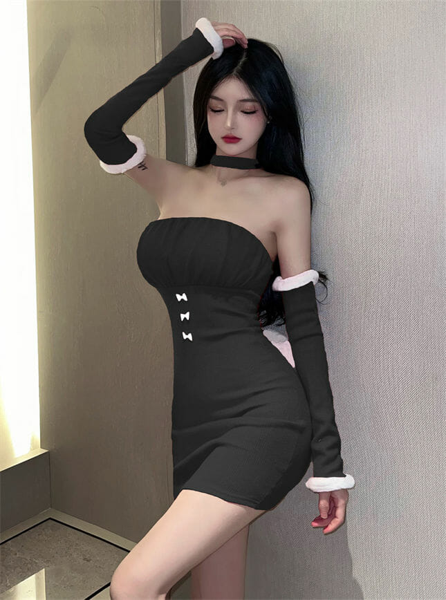 Pretty Sexy 2 Colors Fur Splicing Bowknot Strapless Dress2 Pretty Sexy 2 Colors Fur Splicing Bowknot Strapless Dress 4