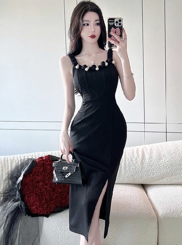 Pretty Summer Beads Flowers High Waist Slim Straps Dress5 Pretty Summer Beads Flowers High Waist Slim Straps Dress 1