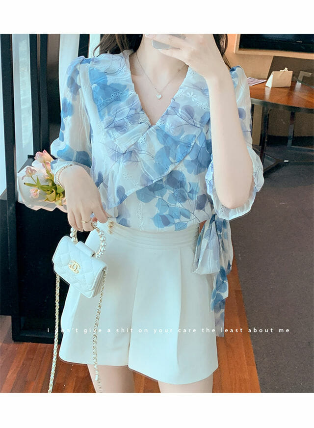 Pretty Summer V-Neck Flowers Flouncing Puff Sleeve Blouse2 Pretty Summer V-neck Flowers Flouncing Puff Sleeve Blouse 4