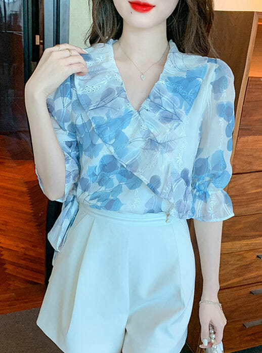 Pretty Summer V-Neck Flowers Flouncing Puff Sleeve Blouse5 Pretty Summer V-neck Flowers Flouncing Puff Sleeve Blouse 1