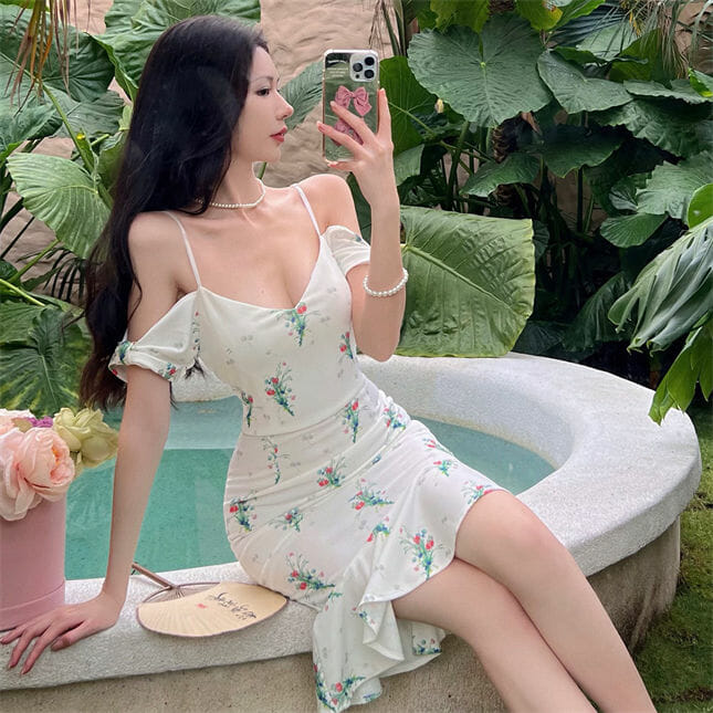 Pretty Wholesale Boat Neck Flowers Fishtail Slim Dress2 Pretty Wholesale Boat Neck Flowers Fishtail Slim Dress 3