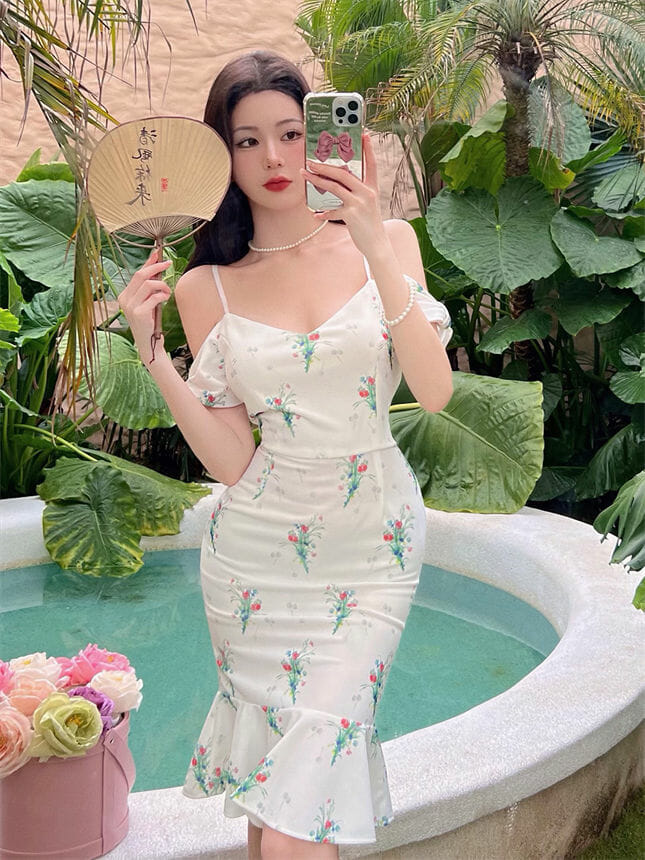 Pretty Wholesale Boat Neck Flowers Fishtail Slim Dress3 Pretty Wholesale Boat Neck Flowers Fishtail Slim Dress 2