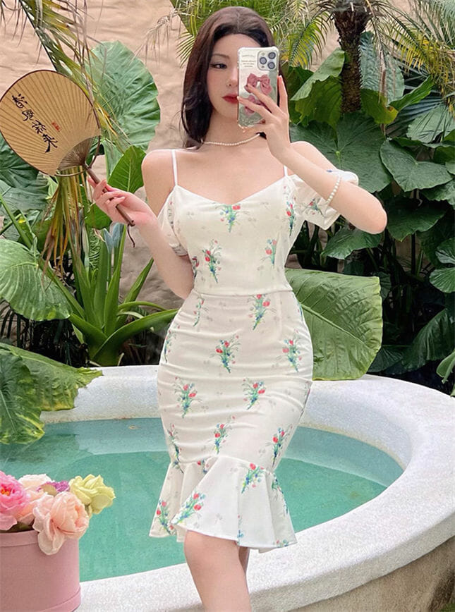 Pretty Wholesale Boat Neck Flowers Fishtail Slim Dress4 Pretty Wholesale Boat Neck Flowers Fishtail Slim Dress 1