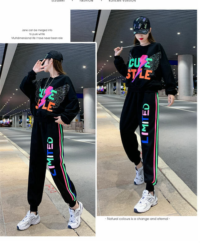 Punk Style Angle Wings Loosen Hoodies With Letters Long Pants Punk Style Angle Wings Loosen Hoodies with Letters Long Pants 5