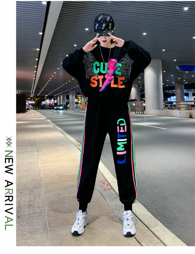 Punk Style Angle Wings Loosen Hoodies With Letters Long Pants3 Punk Style Angle Wings Loosen Hoodies with Letters Long Pants 3