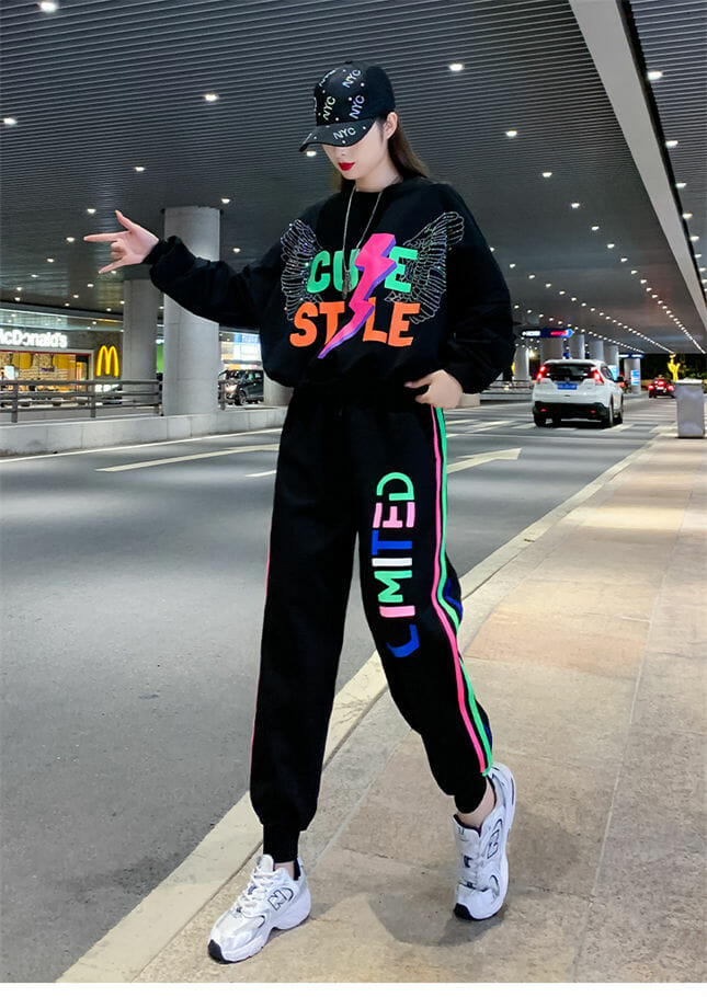 Punk Style Angle Wings Loosen Hoodies With Letters Long Pants4 Punk Style Angle Wings Loosen Hoodies with Letters Long Pants 2