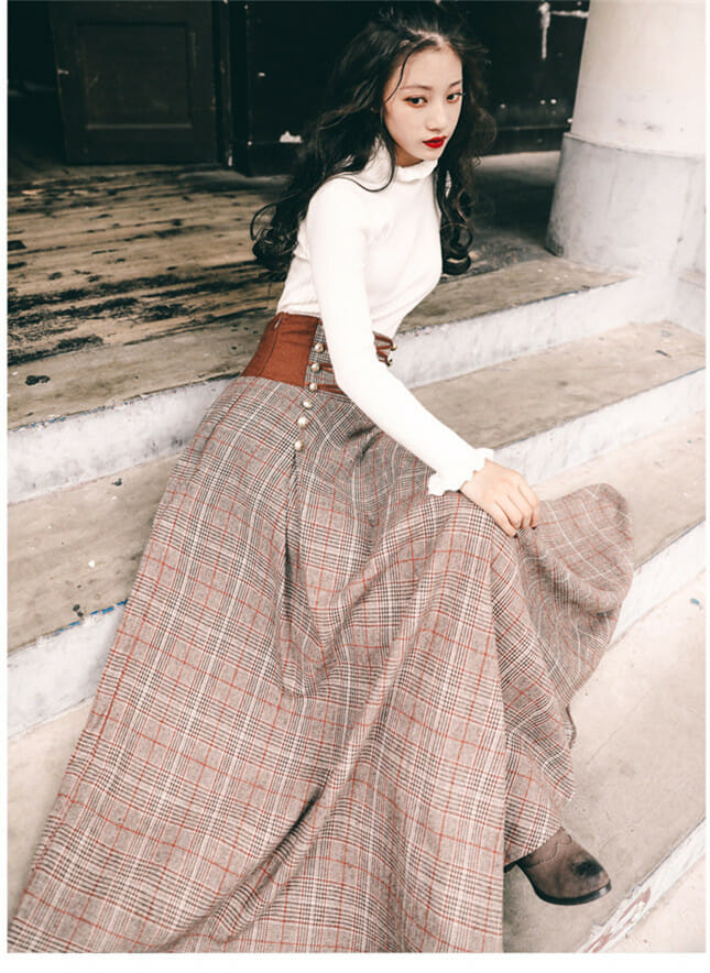 Quality New Knitting Tops With Tie High Waist Plaids Long Skirt Quality New Knitting Tops with Tie High Waist Plaids Long Skirt 5