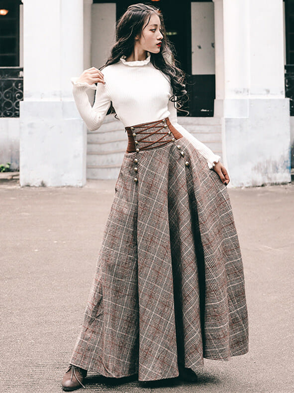 Quality New Knitting Tops With Tie High Waist Plaids Long Skirt5 Quality New Knitting Tops with Tie High Waist Plaids Long Skirt 1
