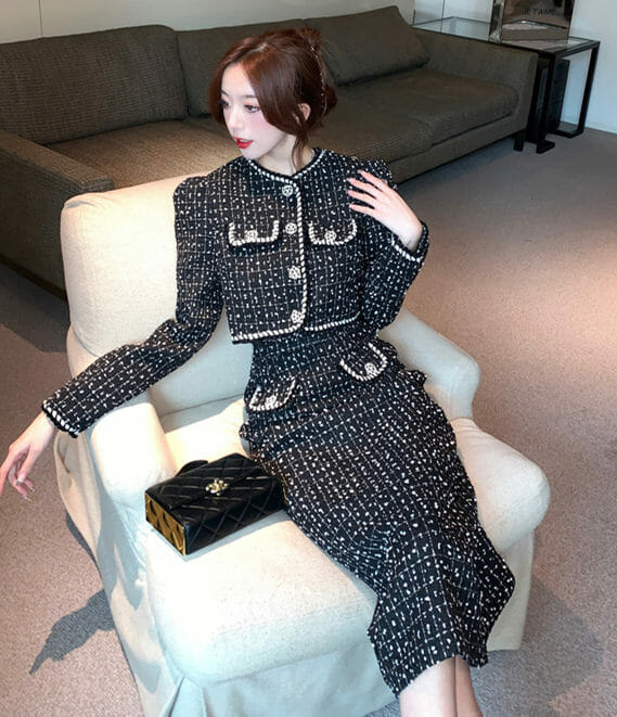 Quality OL 2 Colors Single-breasted High Waist Tweed Dress