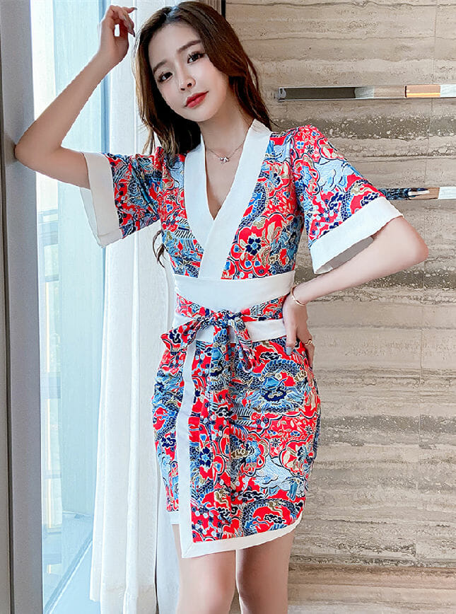 Retro 2 Colors Tie Waist V-Neck Kimono Dress6 Retro 2 Colors Tie Waist V-neck kimono Dress 1