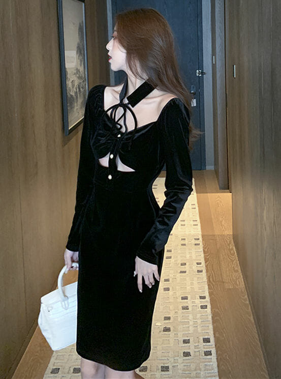 Retro Boat Neck Hollow Out Velvet Slim Dress2 Retro Boat Neck Hollow Out Velvet Slim Dress 4