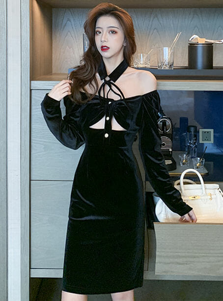 Retro Boat Neck Hollow Out Velvet Slim Dress5 Retro Boat Neck Hollow Out Velvet Slim Dress 1