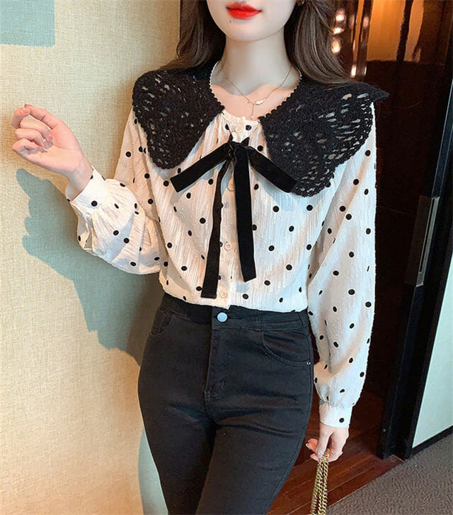 Retro Bowknot Doll Collar Dots Puff Sleeve Blouse Retro Bowknot Doll Collar Dots Puff Sleeve Blouse 5