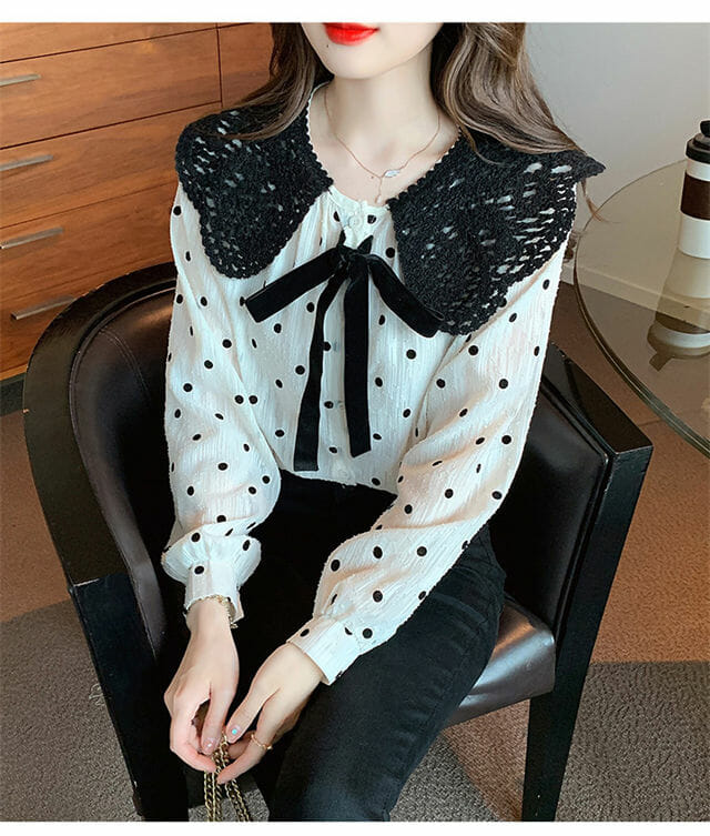 Retro Bowknot Doll Collar Dots Puff Sleeve Blouse2 Retro Bowknot Doll Collar Dots Puff Sleeve Blouse 4