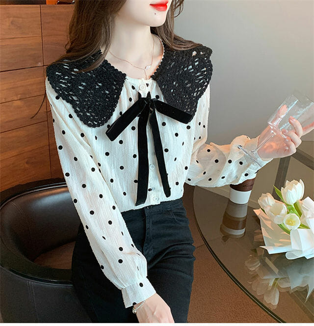 Retro Bowknot Doll Collar Dots Puff Sleeve Blouse3 Retro Bowknot Doll Collar Dots Puff Sleeve Blouse 3