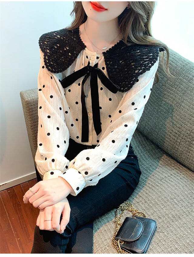 Retro Bowknot Doll Collar Dots Puff Sleeve Blouse4 Retro Bowknot Doll Collar Dots Puff Sleeve Blouse 2