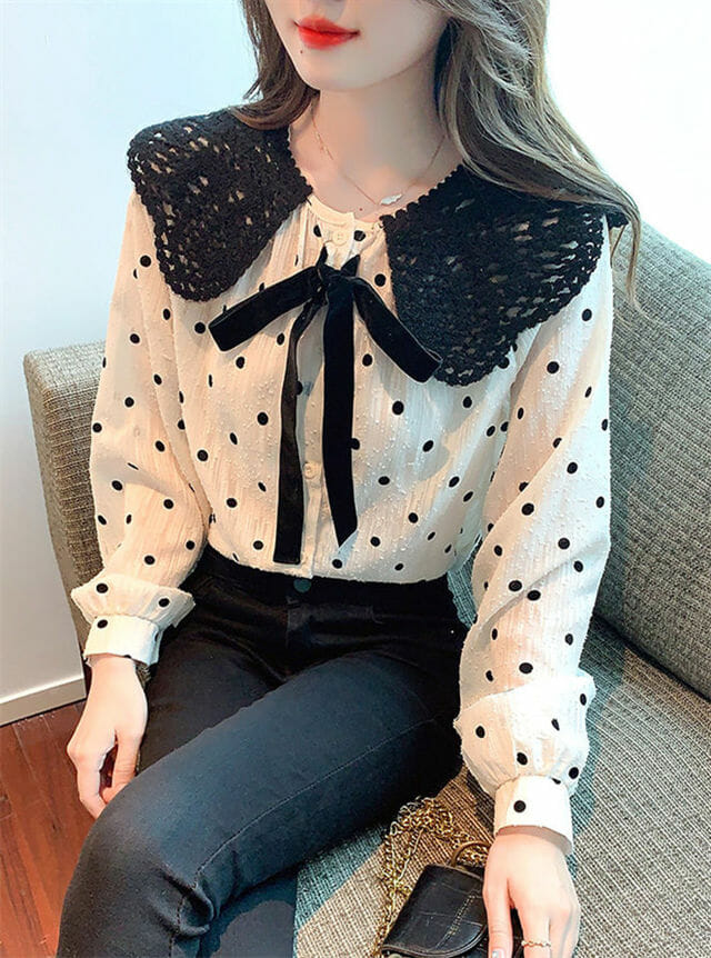 Retro Bowknot Doll Collar Dots Puff Sleeve Blouse5 Retro Bowknot Doll Collar Dots Puff Sleeve Blouse 1