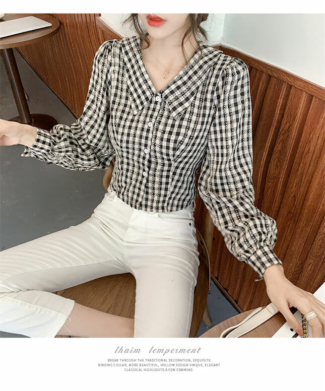 Retro Doll Collar Plaids Puff Sleeve Blouse2 Retro Doll Collar Plaids Puff Sleeve Blouse 4