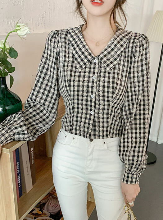 Retro Doll Collar Plaids Puff Sleeve Blouse5 Retro Doll Collar Plaids Puff Sleeve Blouse 1