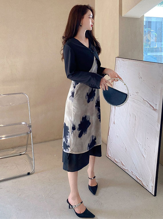 Retro Fashion Short Jacket With Ink Flowers A-line Dress