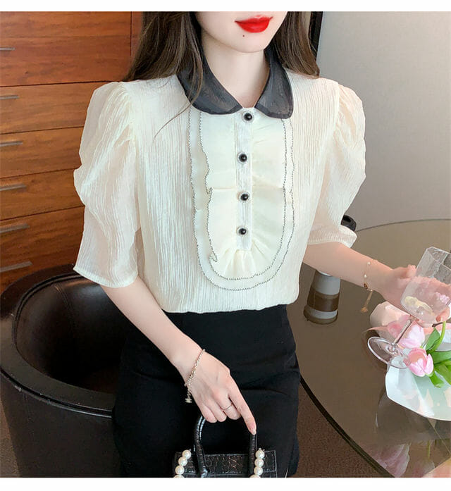 Retro Grace Beads Flouncing Doll Collar Puff Sleeve Blouse Retro Grace Beads Flouncing Doll Collar Puff Sleeve Blouse 5