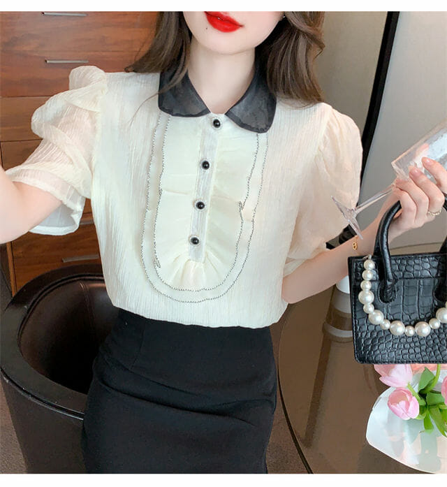 Retro Grace Beads Flouncing Doll Collar Puff Sleeve Blouse2 Retro Grace Beads Flouncing Doll Collar Puff Sleeve Blouse 4