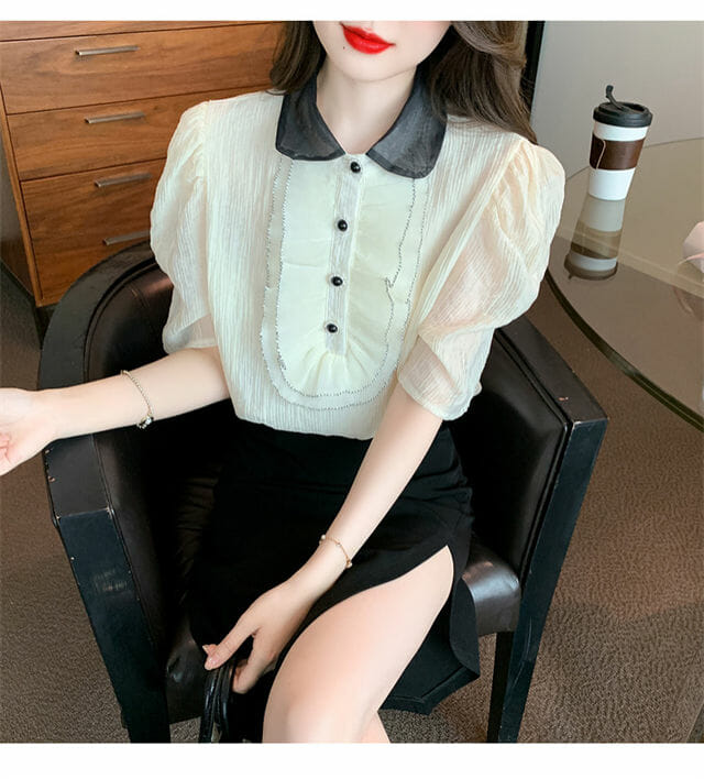 Retro Grace Beads Flouncing Doll Collar Puff Sleeve Blouse3 Retro Grace Beads Flouncing Doll Collar Puff Sleeve Blouse 3