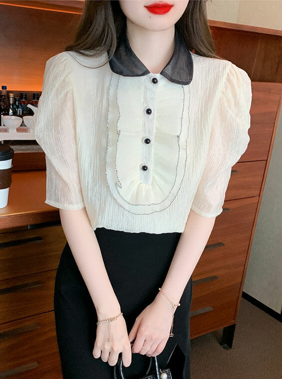 Retro Grace Beads Flouncing Doll Collar Puff Sleeve Blouse5 Retro Grace Beads Flouncing Doll Collar Puff Sleeve Blouse 1