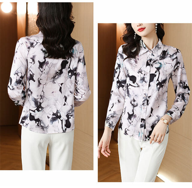 Retro Korea 2 Colors Ink Flowers Silk Long Sleeve Blouse Retro Korea 2 Colors Ink Flowers Silk Long Sleeve Blouse 6