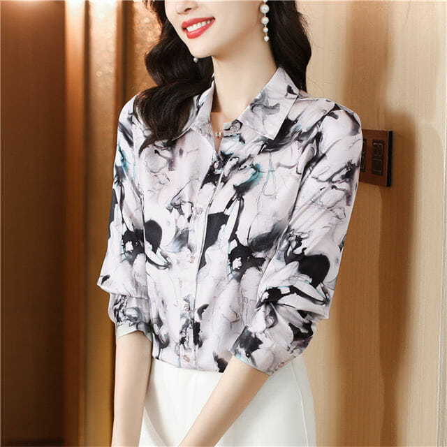 Retro Korea 2 Colors Ink Flowers Silk Long Sleeve Blouse3 Retro Korea 2 Colors Ink Flowers Silk Long Sleeve Blouse 4
