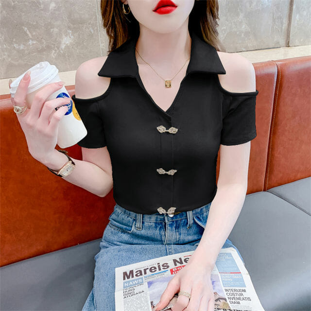 Retro Korea 2 Colors Off Shoulder Hooks Shirt Collar Tees Retro Korea 2 Colors Off Shoulder Hooks Shirt Collar Tees 6