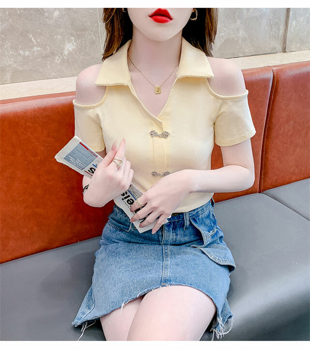 Retro Korea 2 Colors Off Shoulder Hooks Shirt Collar Tees4 Retro Korea 2 Colors Off Shoulder Hooks Shirt Collar Tees 3
